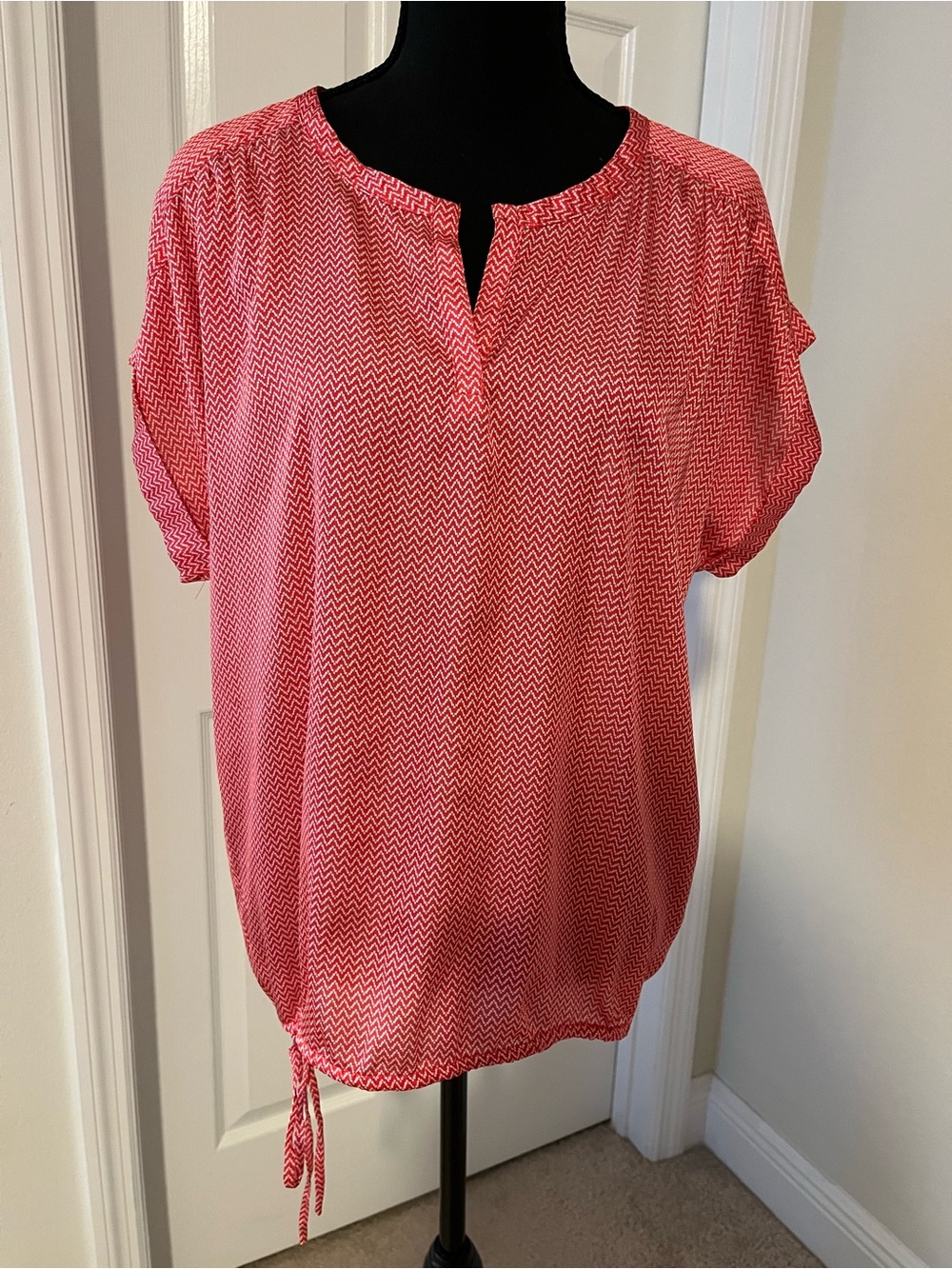 Calvin Klein Jeans Red White Chevron Drawstring Blouse Top Cinch Waist – Size M